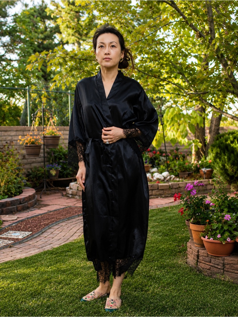 Black Satin Silk Kimono, Lace Nightgown,Brand New One size